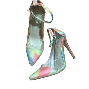Liliana Multicolor Floral Heels Sz 8.5 Pointed Toe Ankle Strap Stiletto Pumps